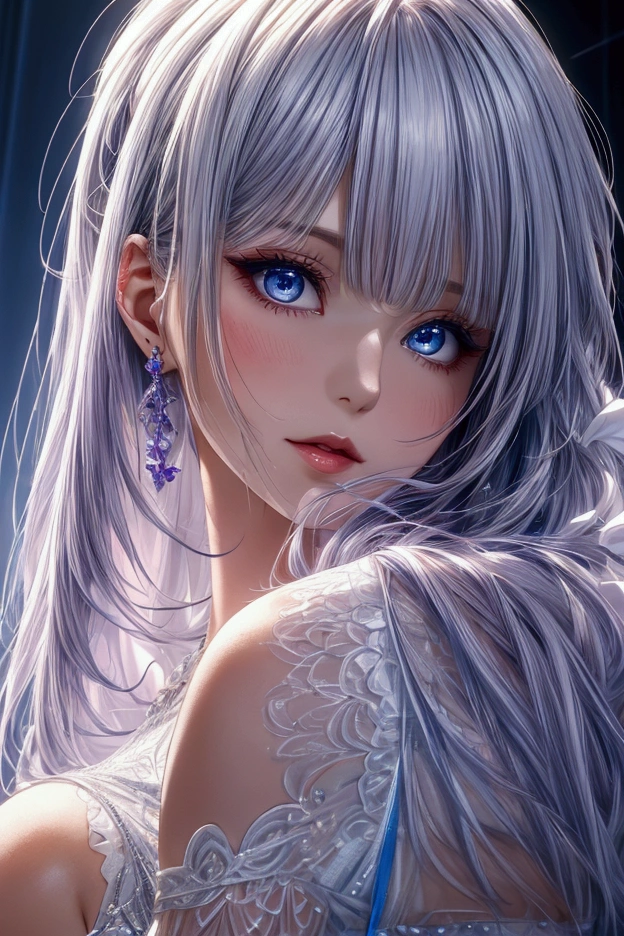Elegant adult women, looking into distance, blue eyes, long white hair and purple strokes, side swept bangs, Sheer dress, see through dress, 4K resolution, High quality CG, fair