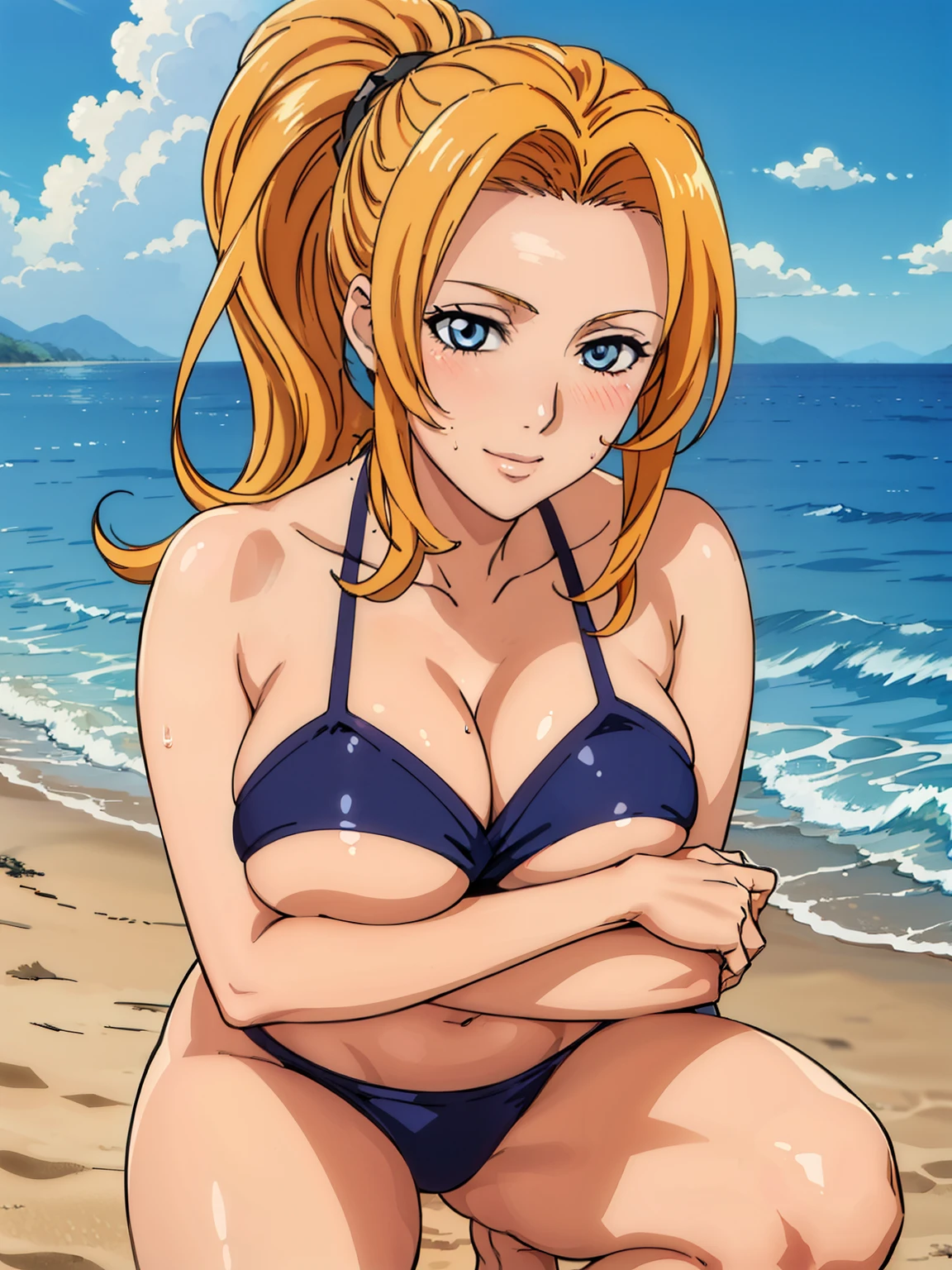 Very attractive pose, Sexy pose, Squatting on the sand, bikini, At the Beach, (Beach Background), Mature Woman, takeda hiromitsu style, Anime cel style, Highest quality, High resolution, (Huge breasts:1.3), Cowboy Shot, (Body Portrait), blush, smile, blue eyes, Blonde hair, 前hair,length_hair, 1 girl, View your viewers,　ponytail,　黒hair