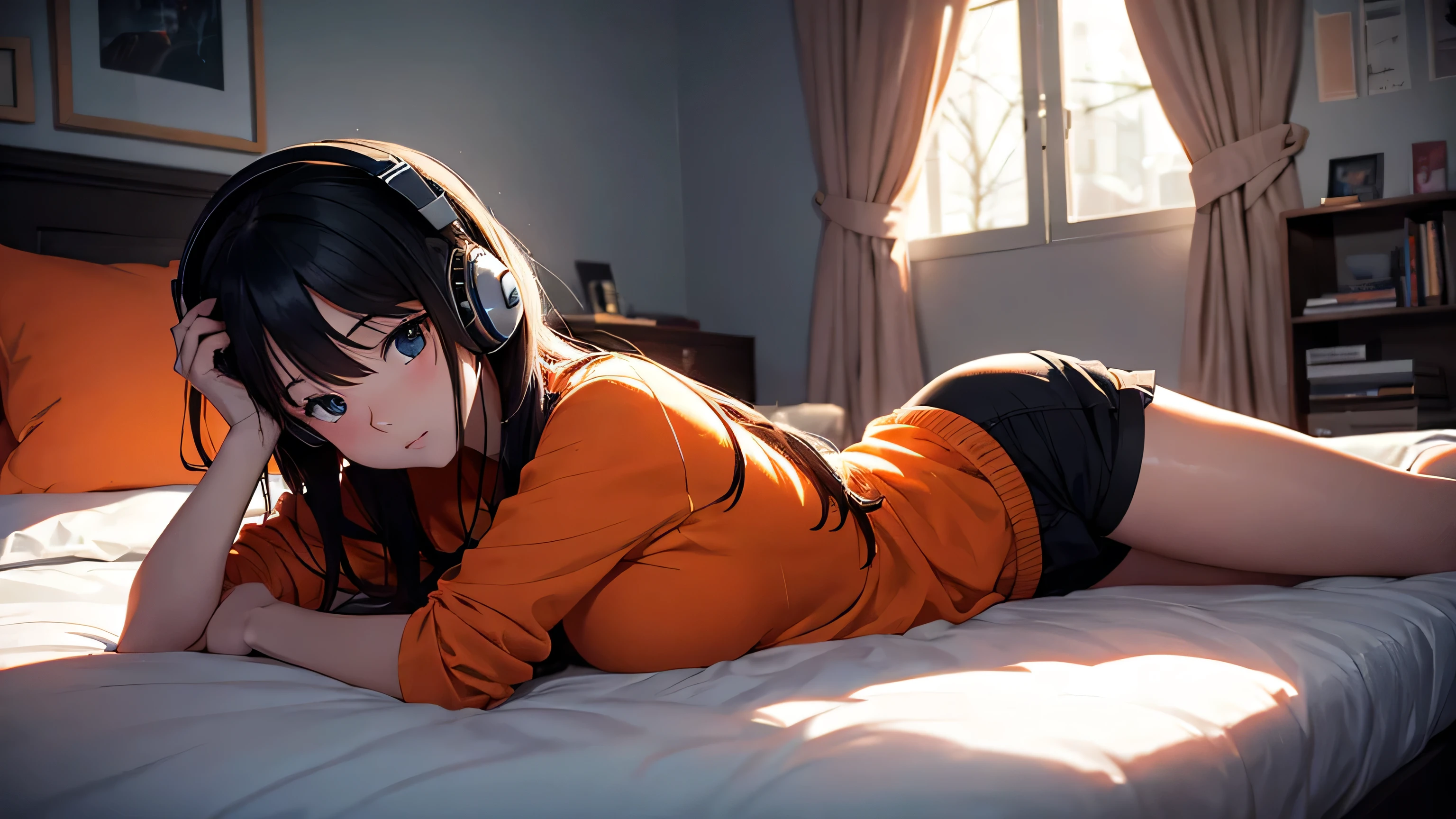 Girl listening to music in a cozy room at night, Use headphones, 2D anime style, Truly, Dark environment、Emo,Warm atmosphere, lying on the bed,orange backlight