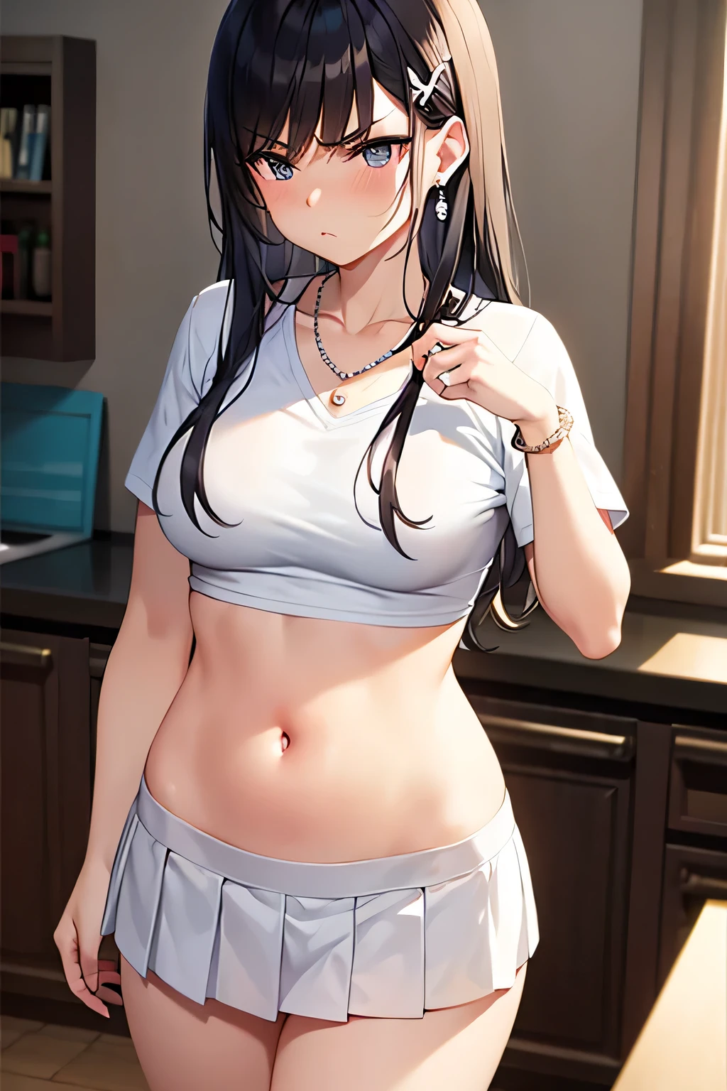super fine illustration, vibrant colors, masterpiece, sharp focus, best quality, depth of field, cinematic lighting, ultra detailed, white shirt, white pleated skirt, short sleeves, navel, belly button, tummy, wide hips, 1 woman, solo, milf, very messy hair, very long hair, slender, blush, annoyed, mature female, tall woman, looking down, v-shaped eyebrows, medium breasts, black hair, kitchen, earring, bangle, stomach, pearl necklace, hair ornament, pouting,