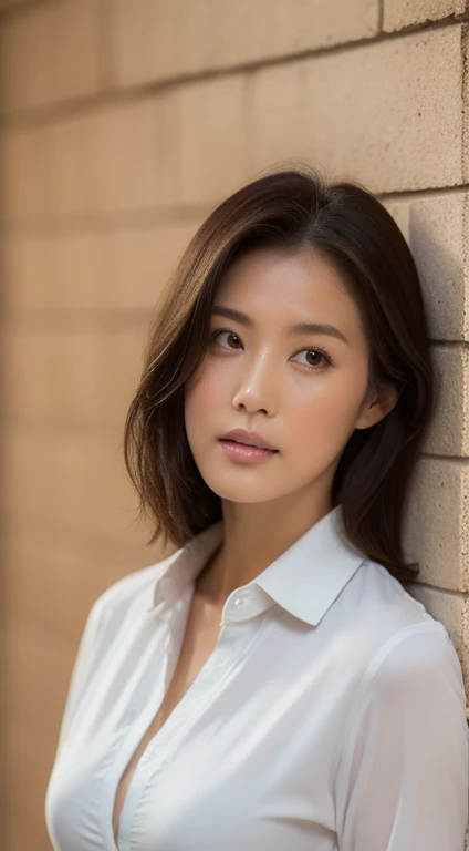 (masterpiece, best quality), soothing tones, muted colors, high contrast, natural skin texture, soft light, sharp, looking at viewer, Nature soft drop breasts, pale skin, transparent and delicate face, bare face, without makeup, nsfw,
cement brick wall background ,old cement wall background, half body photo, dark theme ,(business shirt:1.2), open shirt,