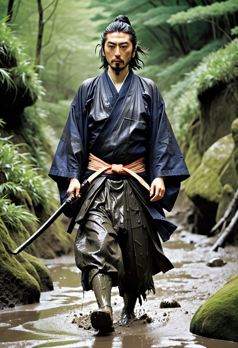 Miyamoto Musashi Walking in the Wilderness。His clothes were covered in mud.、Rugged appearance