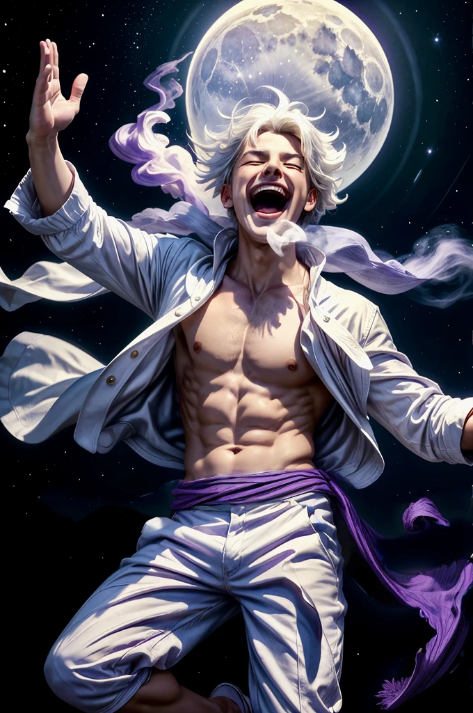 masterpiece, best quality, extremely detailed, hyperrealistic:1.1, photorealistic, a cool 10s boy, ultra detailed face:1.1, white hair, purple waist shawl:1.2, moonlit night, jumping