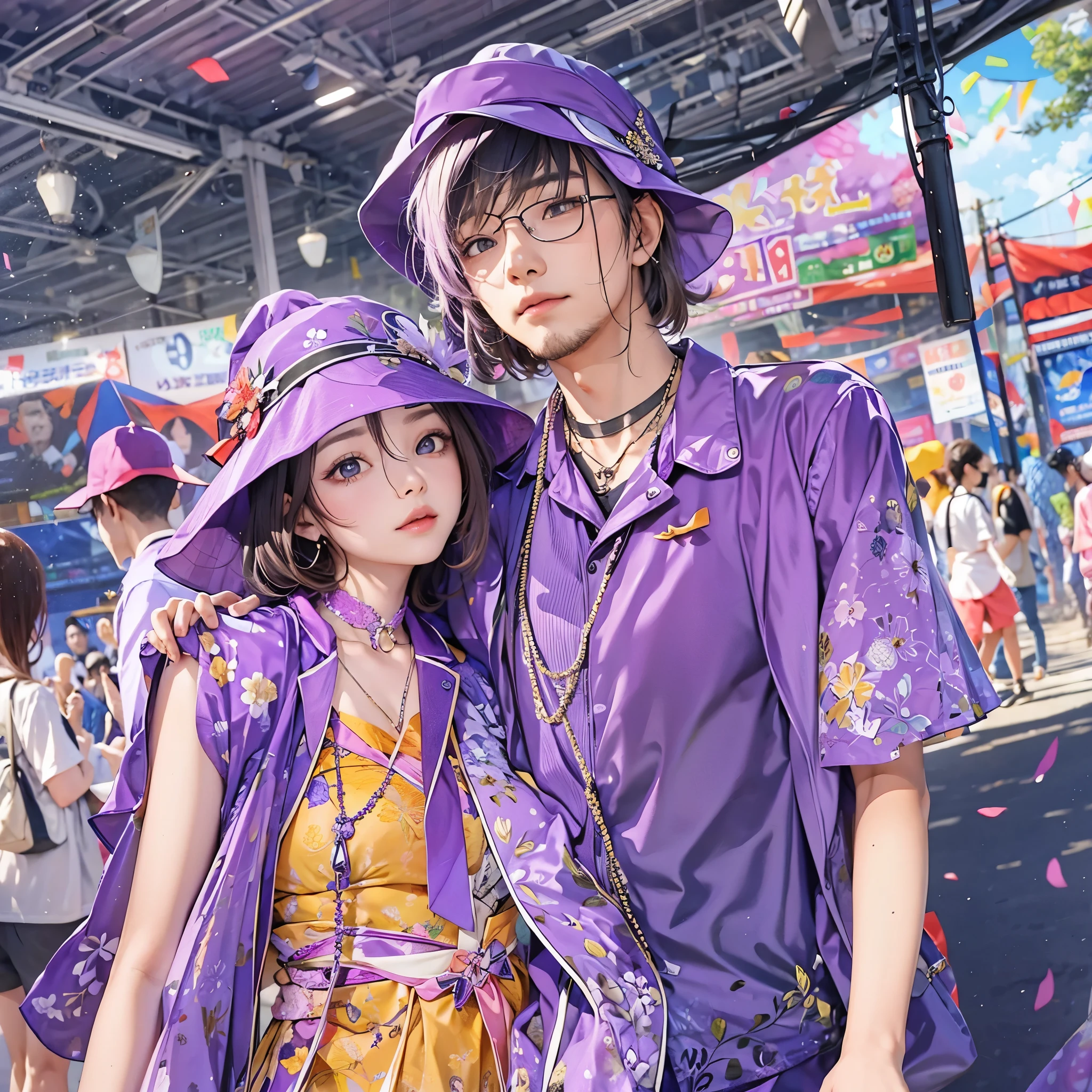 A man and a woman wearing purple clothes at a summer festival。Keep a cool and serious expression。Stylish and cool、Make it a flashy image。