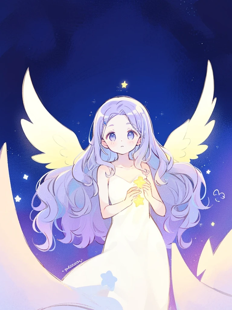nude angel girl wearing an ethereal translucent dress, pale skin, ((wavy gradient blue purple hair)), white feathers, angel wings, sparkling detailed eyes, golden ratio face, perfect composition, highly detailed, ethereal, (starry night sky background), midjourney style