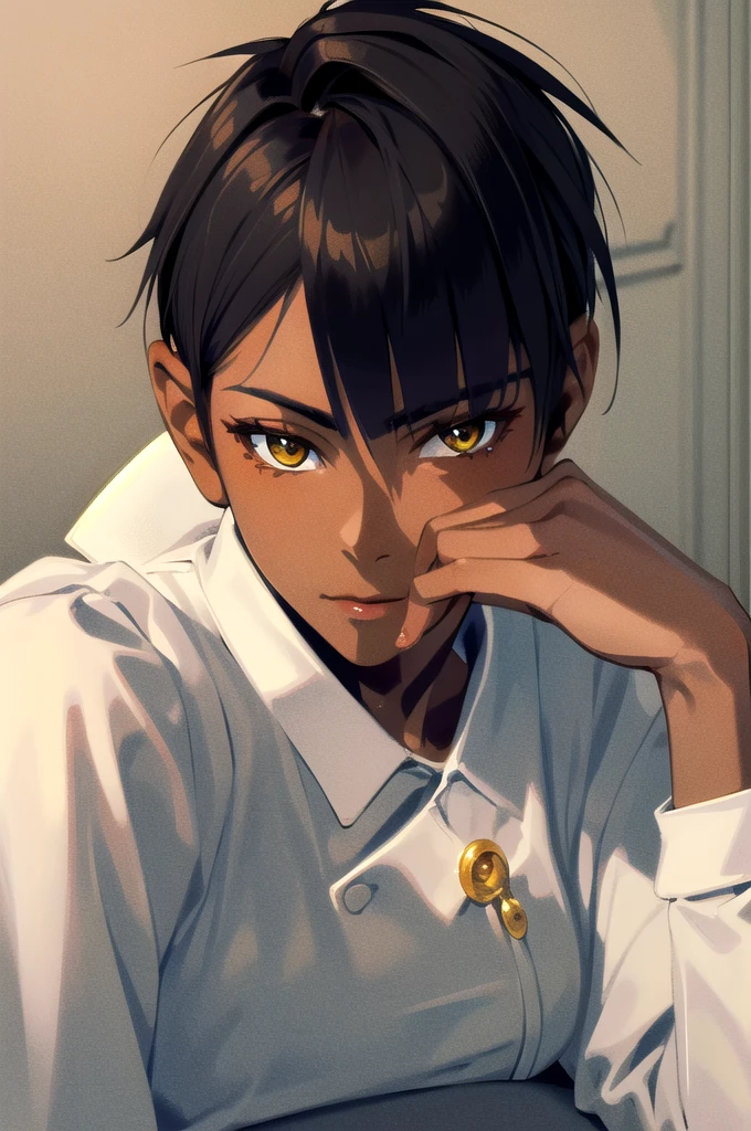 solo, best quality, masterpiece, extremely detailed CG, extremely detailed 8K wallpaper, extremely detailed character, (an extremely delicate and beautiful portrait), portrait, solo, sharp focus, dark skinned tomboy girl with (((sides shaved))) head, black hair, yellow eyes, detailed close-up portrait, head rest pose
