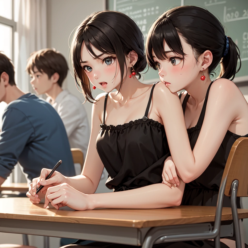 masterpiece、Highest quality、Earrings、Brown Dress、Black Hair、Small breasts、girl、One person、Upper Body、hot、Sweat a lot、Sitting、ponytail、looking at the camera、fold your arms, classroom、Sitting、Angry
