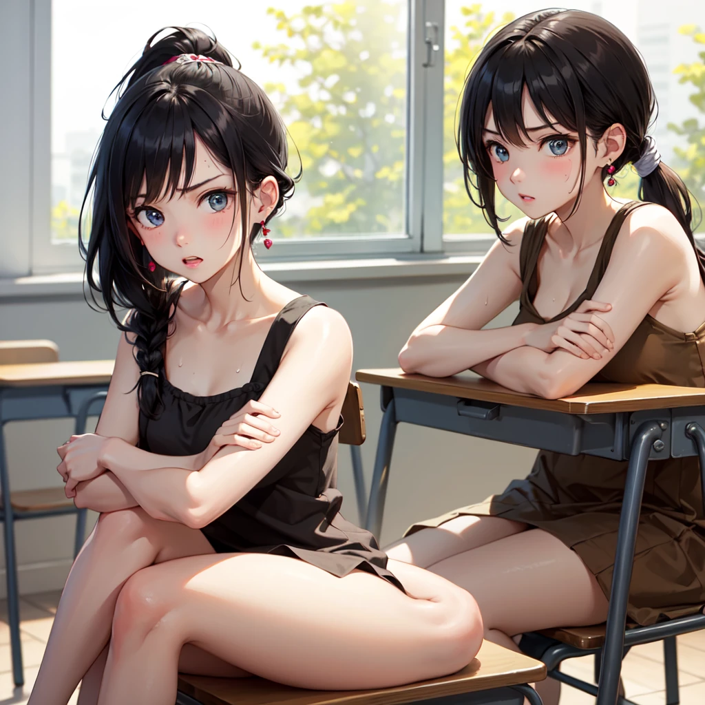 masterpiece、Highest quality、Earrings、Brown Dress、Black Hair、Small breasts、girl、One person、Upper Body、hot、Sweat a lot、Sitting、ponytail、looking at the camera、fold your arms, classroom、Sitting、Angry