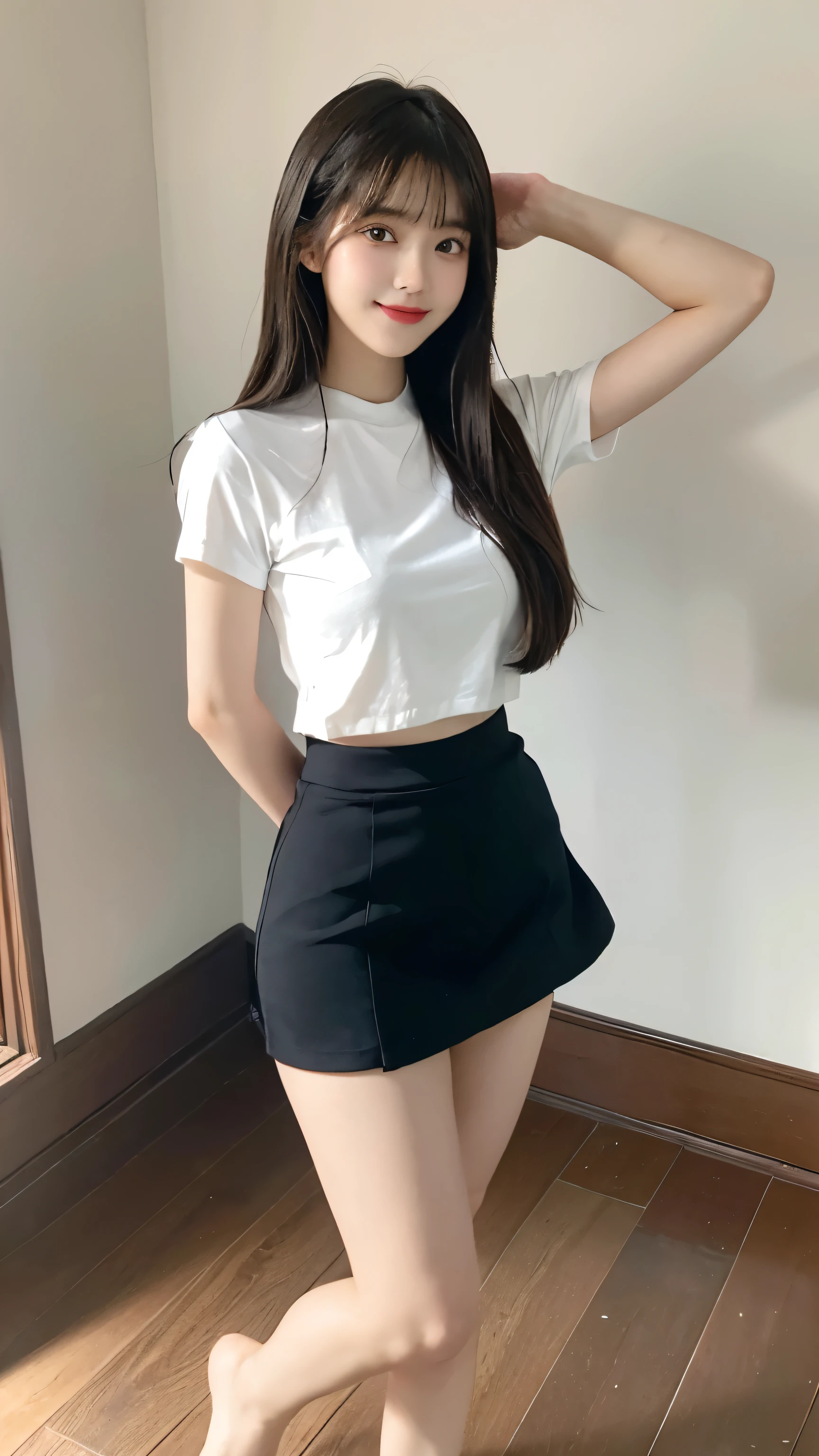 best quality,Chinese Girl、17 year old girl、Long hair、Bangs、Brown eyes、Perfect body、transparency、luster、Large Breasts、White shirt、Black hip skirt,Full figure,Sexy moves,Carve idol poses、indoor、Beautiful Feet、Standing,Long legs、whole body、panoramic、I can see your thighs、Smile