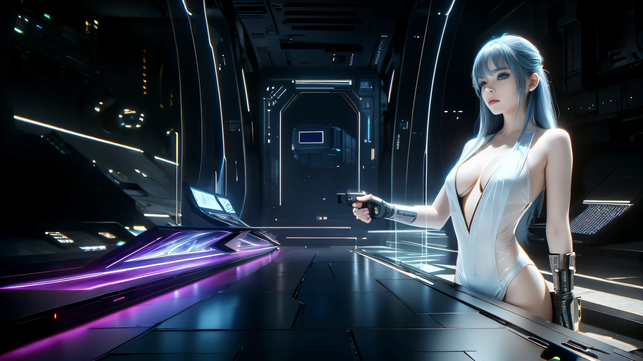 DonMH010D15pl4y, cyberpunk city. (((1girl, solo, alone))), blue holographic portrait, large-breast:1.2 slim:0.6 body, slim face, cleavage:1.1, sexy jacket, (black sunglasses), (((holding a pistol))), dynamic pose, ((half-body thigh:1.1 level medium shot)), mysterious fog, cinematic lighting, ray tracing.
