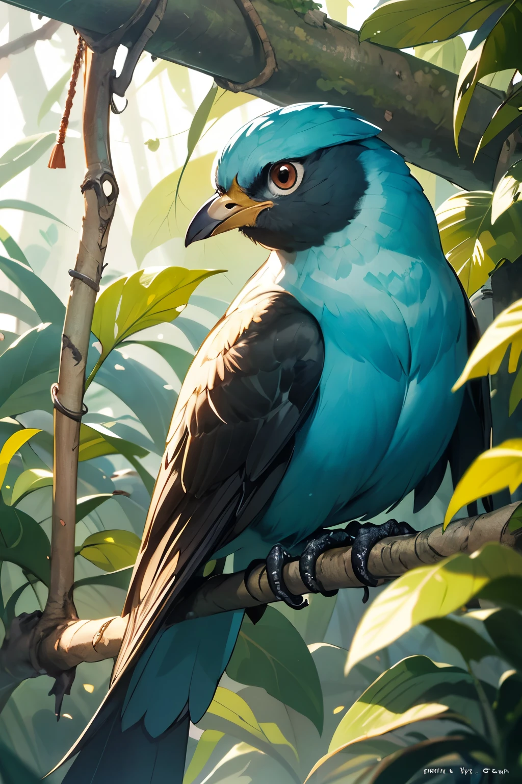 ((best quality)), ((masterpiece)), (detailed), so cute and uniqur shapes bird with so much color in her body, melebarkan sayapnya in the jungle