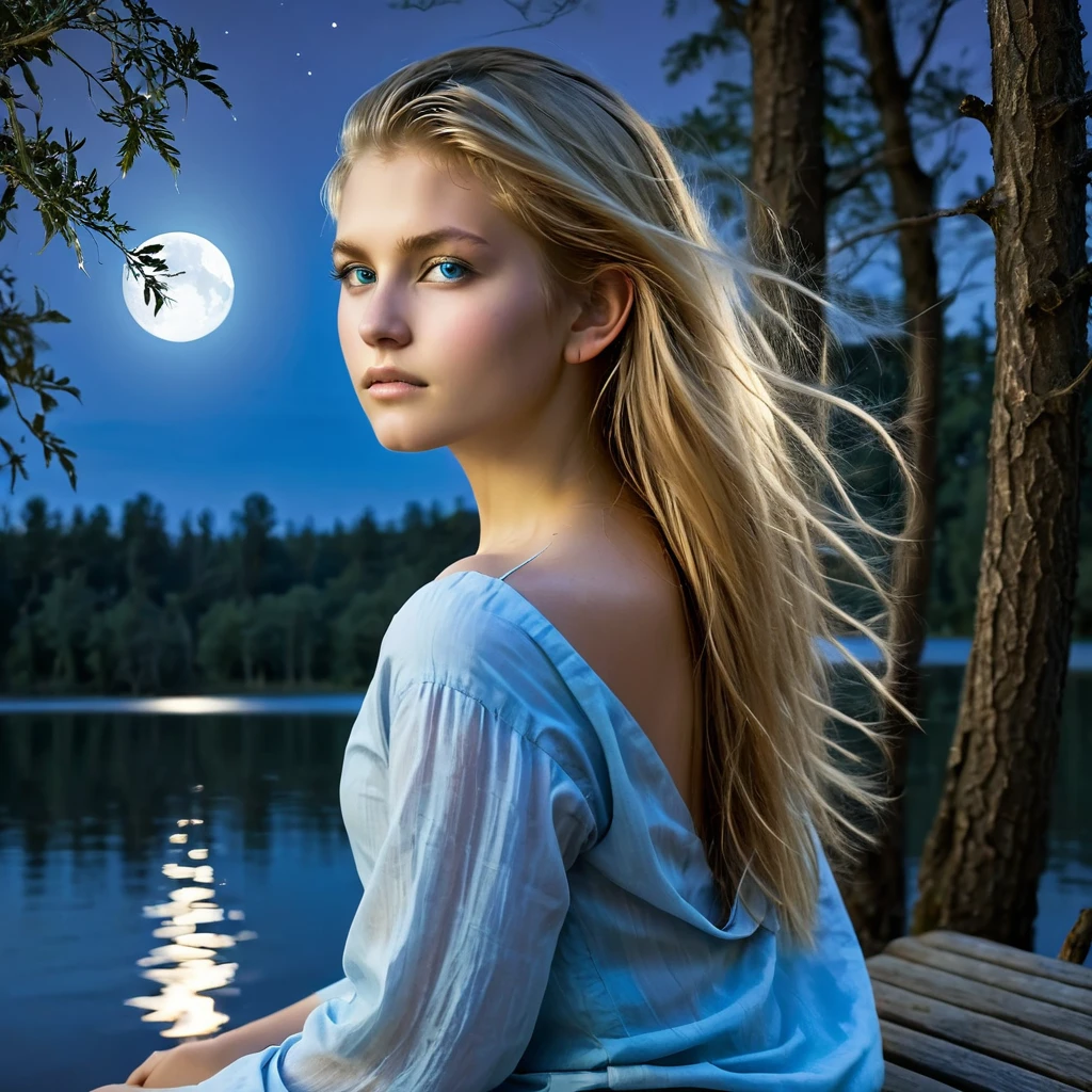 Under the light of a full moon, a young woman with long, flowing blonde hair sits on a bench by a serene lake. The moonlight casts a gentle glow on her fair skin, highlighting her striking blue eyes and the delicate features of her face. Dressed in a loosely buttoned shirt that slips off her shoulders, she exudes a mix of vulnerability and allure. Large hoop earrings frame her face, adding a touch of elegance to her natural beauty. The dark silhouette of the forest in the background contrasts with the bright moon, creating an atmosphere of quiet enchantment. As the night deepens, she becomes a central figure in a story of mystery and romance, where the boundaries between dreams and reality blur under the celestial light