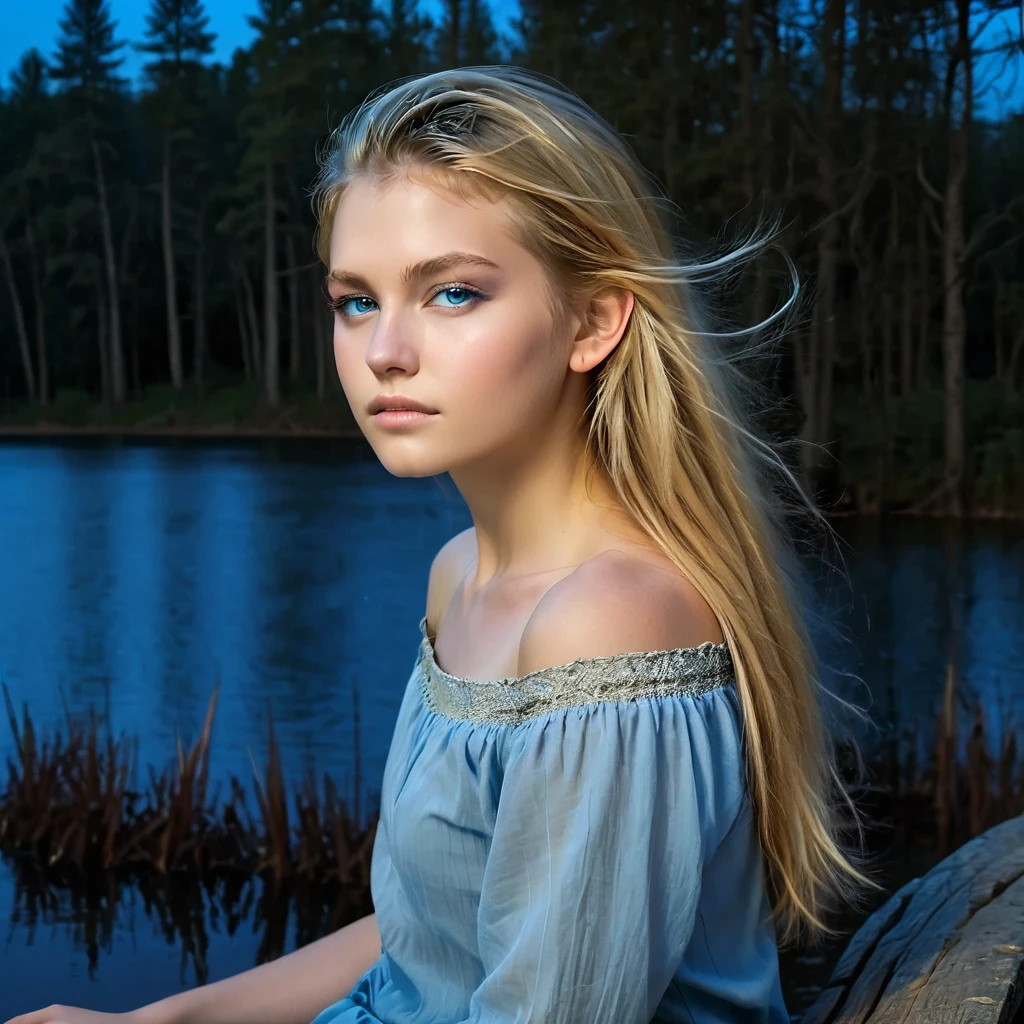 Under the light of a full moon, a young woman with long, flowing blonde hair sits on a bench by a serene lake. The moonlight casts a gentle glow on her fair skin, highlighting her striking blue eyes and the delicate features of her face. Dressed in a loosely buttoned shirt that slips off her shoulders, she exudes a mix of vulnerability and allure. Large hoop earrings frame her face, adding a touch of elegance to her natural beauty. The dark silhouette of the forest in the background contrasts with the bright moon, creating an atmosphere of quiet enchantment. As the night deepens, she becomes a central figure in a story of mystery and romance, where the boundaries between dreams and reality blur under the celestial light