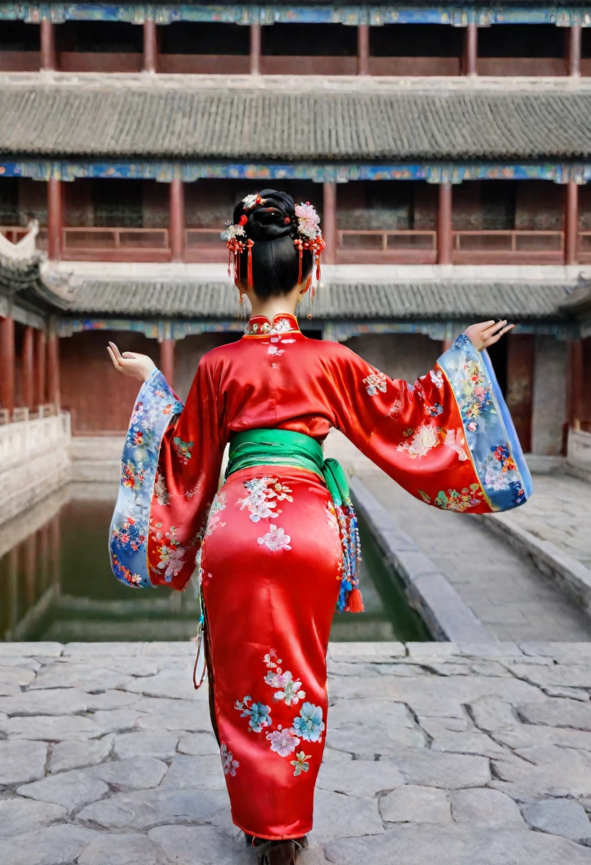 Photo from behind On the cobblestones outside the Qing Dynasty Palace、Empress Qing Dynasty、She is wearing a red Manchu outfit with a flashy floral pattern, and her hair is tied up and pulled up with a large, flashy flower and a hairpin.　The figure shows her big buttocks exposed with her loincloth hanging down.