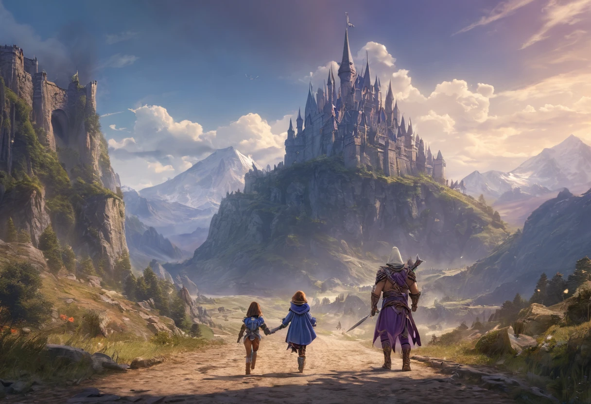 a young girl adventurer and and a skeleton warrior walk down a dusty road together. she is a (young girl:1.5) with her brown hair in a (pony tail), pretty face, she wears a dark (blue tabard), (purple tights), big boots, leather boots, and big gloves. The skeleton warrior wears a brown tattered cloak and hood,his bones are visible through the tears, he is considerably taller than her and walks with a hunch. the background should depict a magical land full of fantasy elements, such as a castle on top of a mountian, magical creatures watch the travelers pass from the side of the road. super high quality, super high detail, masterpiece, 4k, 8k, HDR, masters of the universe, (((masterpiece))), high quality, 8k
