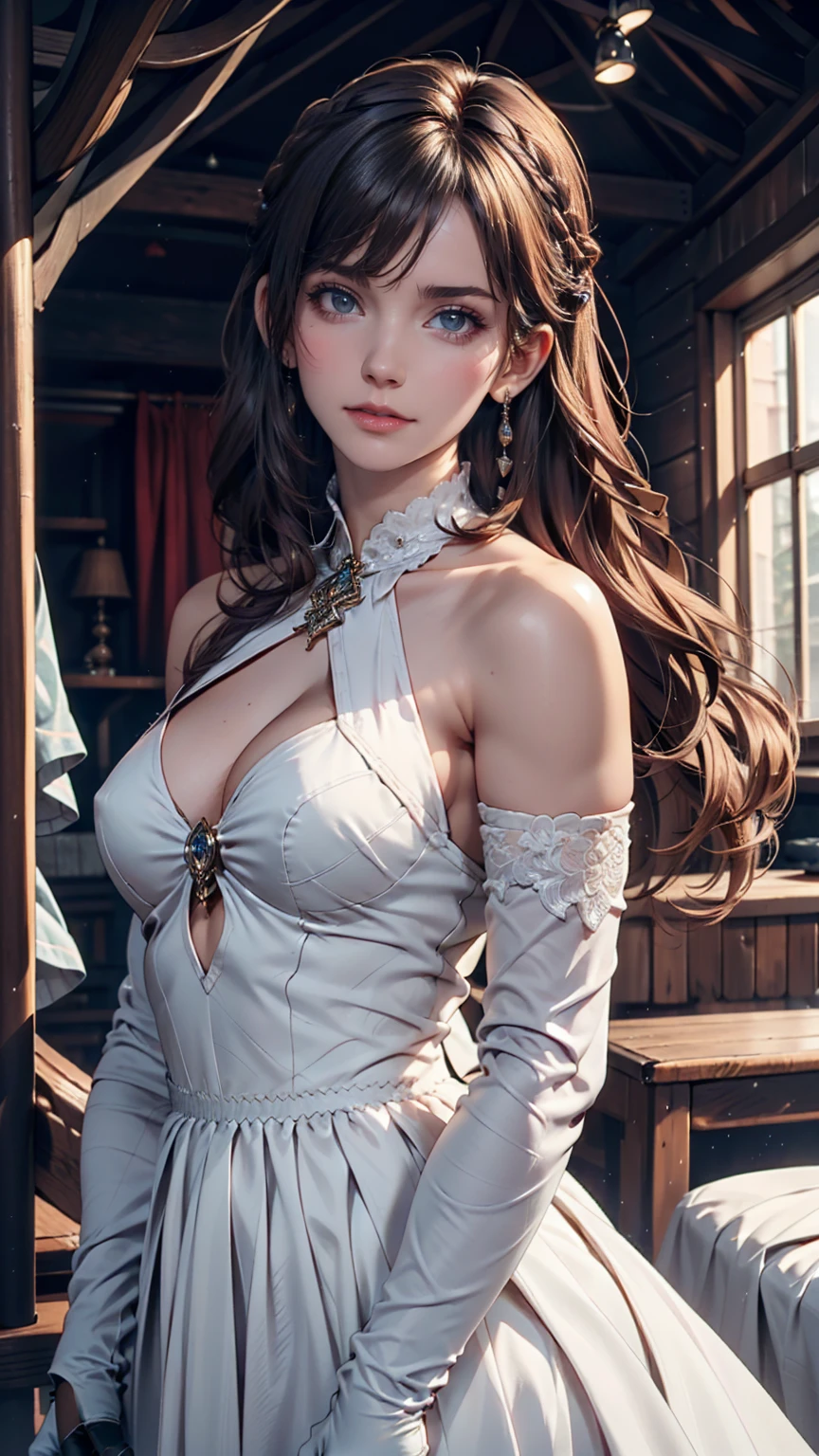 One girl,High resolution,  high quality,  masterpiece, mxmk white dress,  Bare shoulders, Purple eyes, One shoulder white dress, Braided hairstyle、Long gloves、hair band
