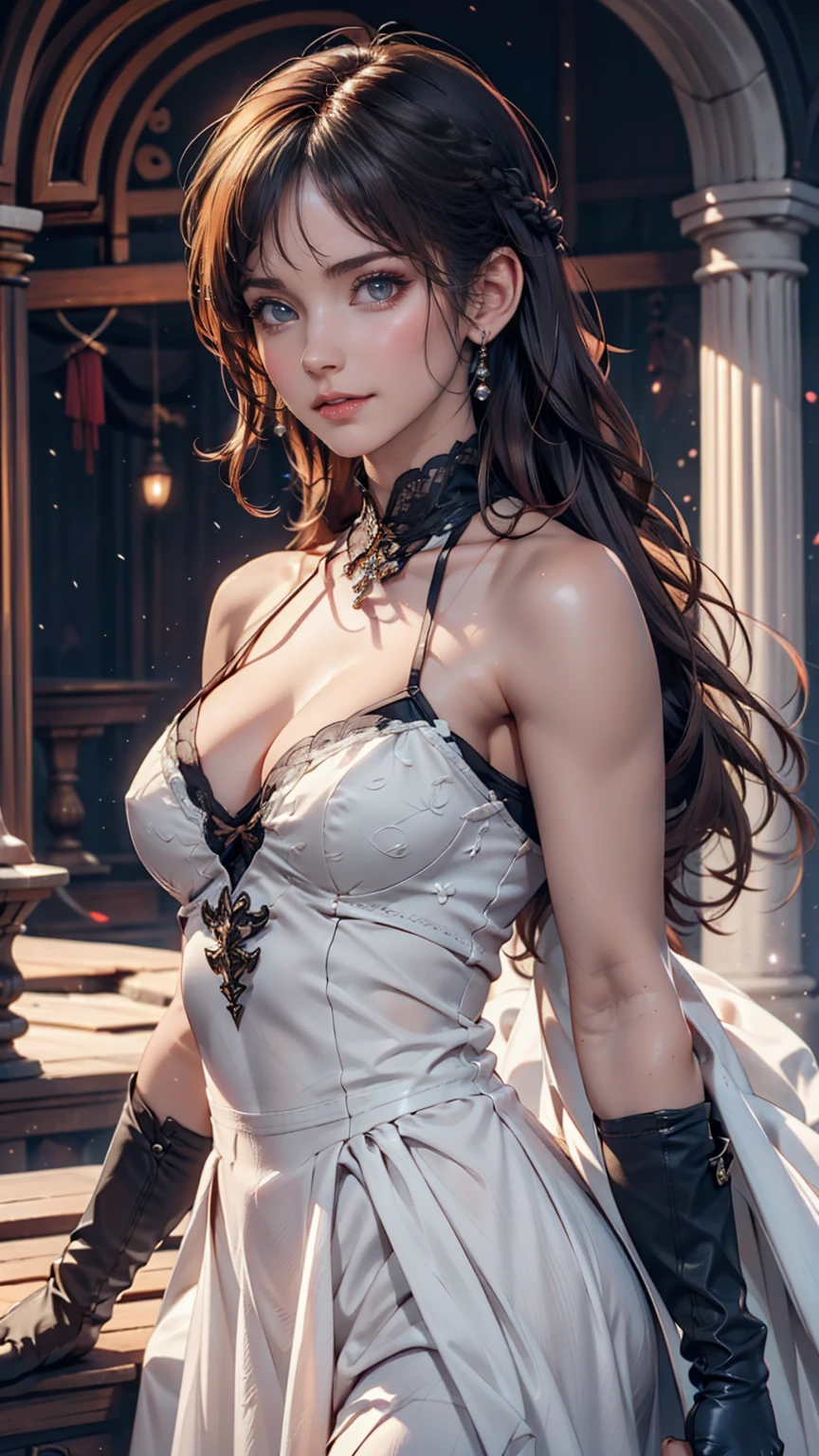 One girl,High resolution, high quality, masterpiece, mxmk white dress, Bare shoulders, Purple eyes, One shoulder white dress, Braided hairstyle、Long gloves、hair band