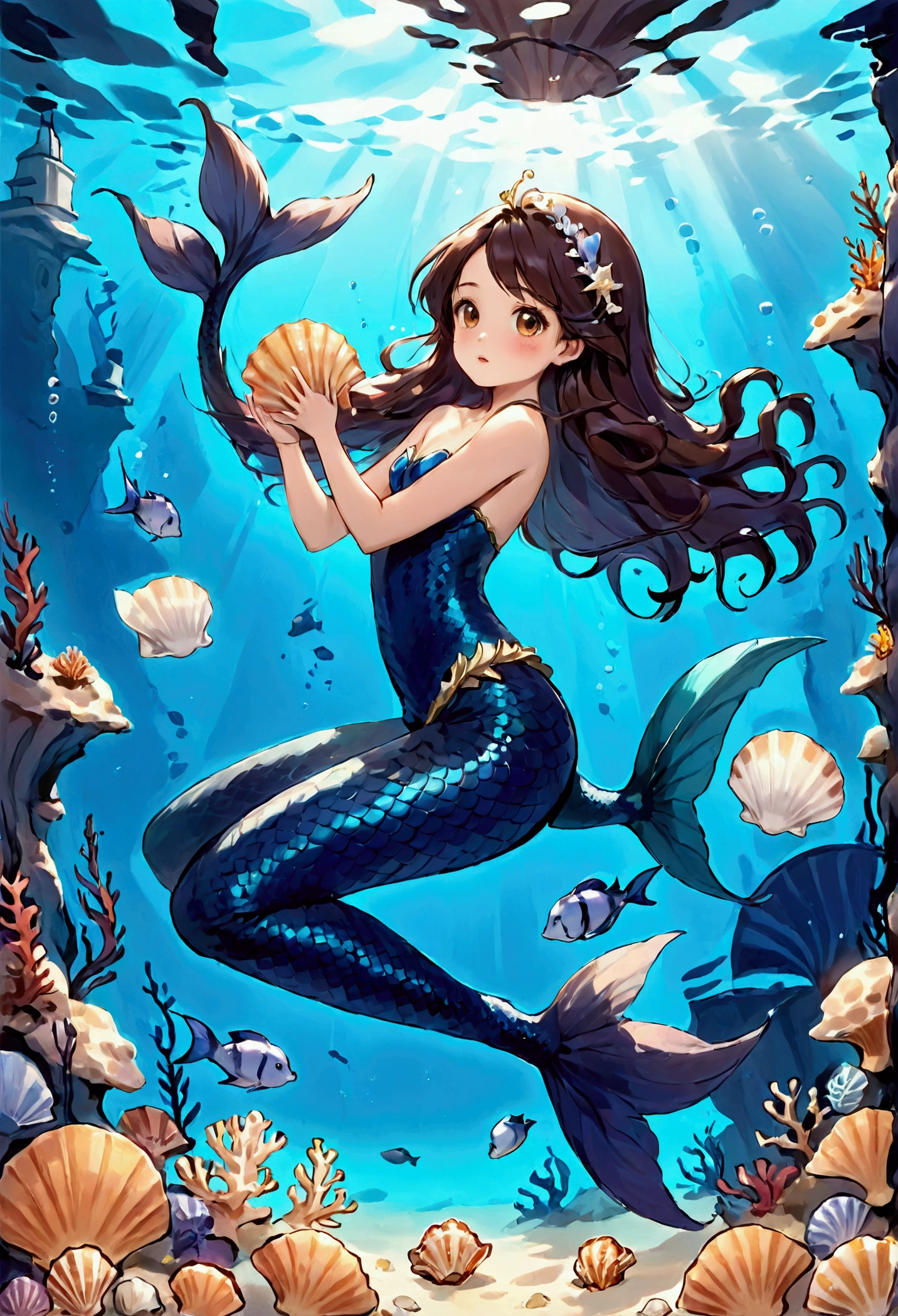 A Mermaid Girl with super long loose dark brown hair, Brown eyes, some navy blue mermaid ears, a light navy blue mermaid tail and a seashell bra, swimming underwater.