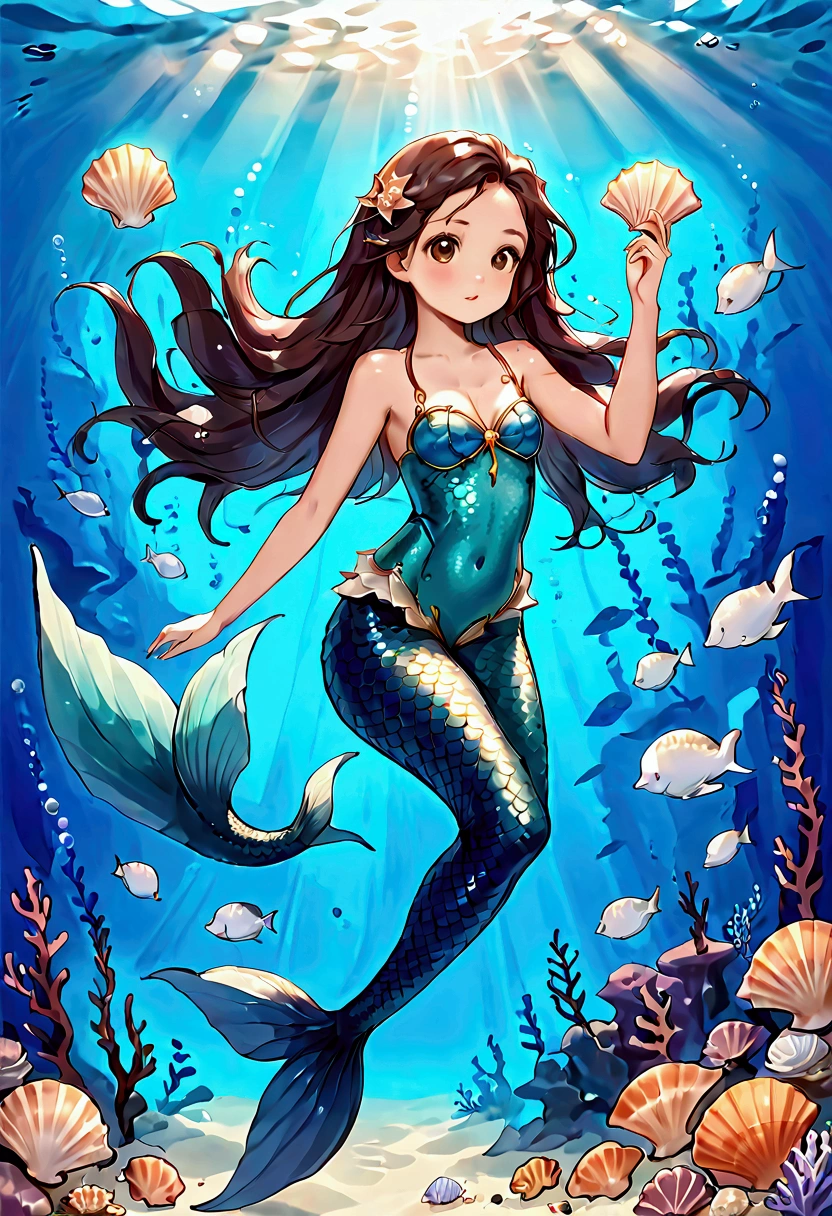 A Mermaid Girl with super long loose dark brown hair, Brown eyes, some navy blue mermaid ears, a light navy blue mermaid tail and a seashell bra, swimming underwater.