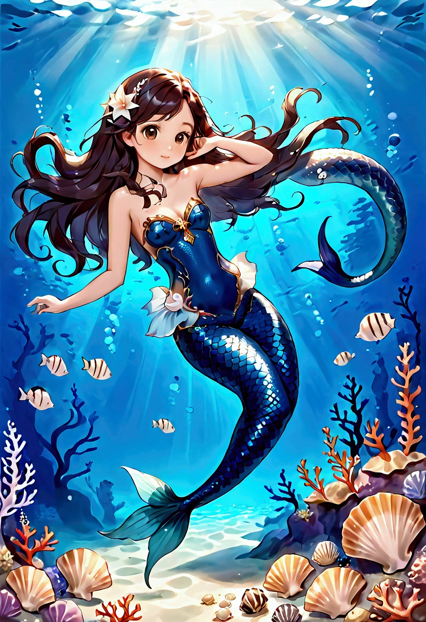 A Mermaid Girl with super long loose dark brown hair, Brown eyes, some navy blue mermaid ears, a light navy blue mermaid tail and a seashell bra, swimming underwater.