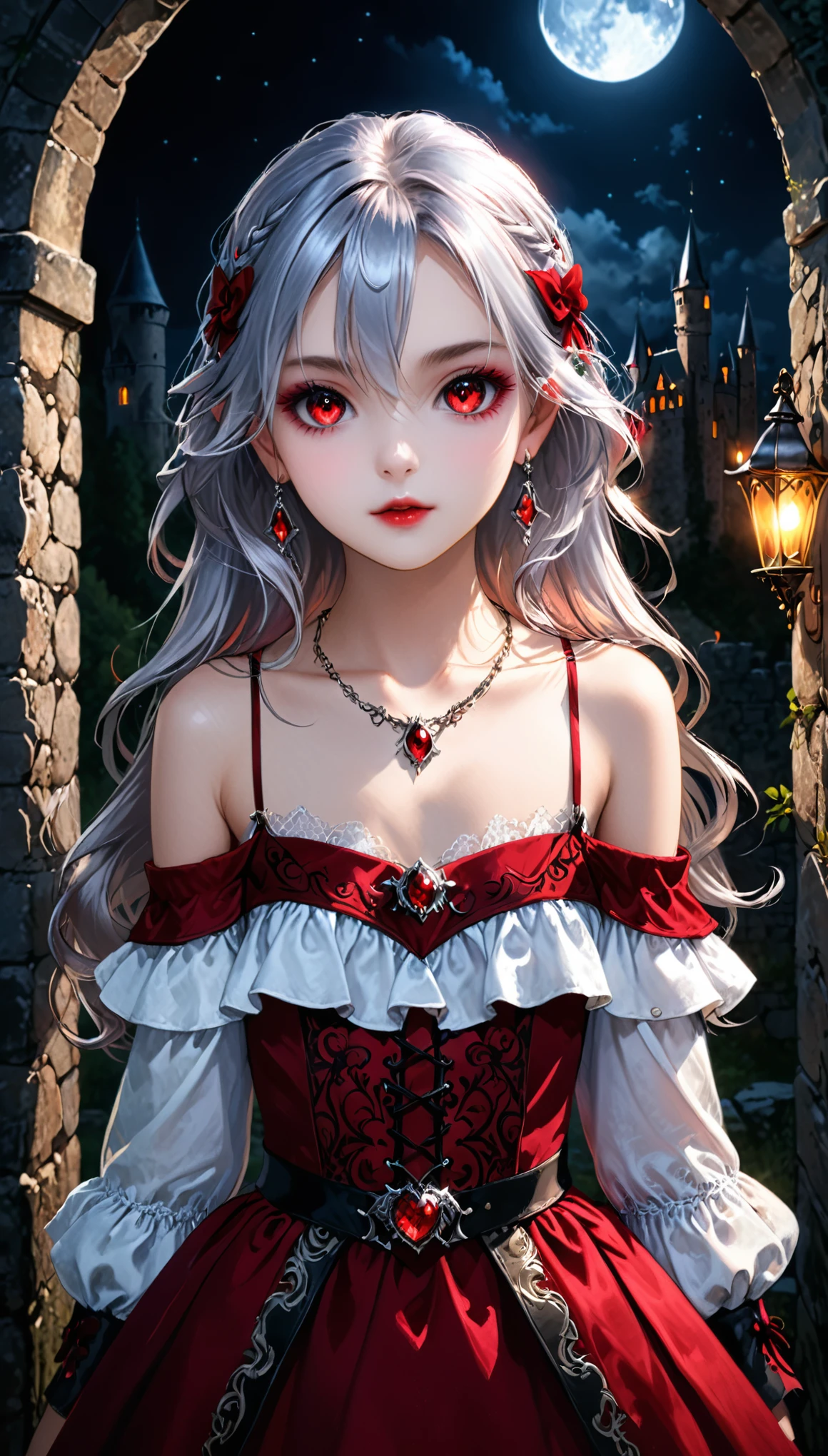 1girl, solo, young girl, childish, 10 years old girl, baby face, [white shirt top: red dress under], (vampire pattern clothing), very long curvy messy hair, silver hair, glowing ruby colored eyes, black eye liner, glowing eyes, big eyes, ((beautiful face)), detailed face, detailed eyes, perfect hands, (collarbone), (off shoulder), flat chest, leather high boots, leather glove, ruby necklace, ruby earring, set in ancient castle, stone wall, moonlight, cold light, POV, looking at viewer, medieval theme, pretty lips, (curious look), peace sign, illustration, 8k, super details, award winning, high res