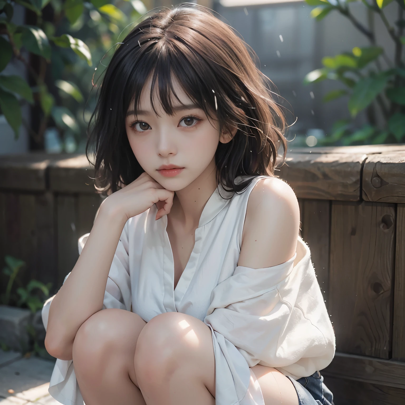 Highest image quality、masterpiece level、Fidelity 1.4，Photo Shot，A girl appears[（grieves）]， a asian beauty， Super beautiful， Beautiful skins， slim， body facing front， （Ultra photo realsisim）， （hight resolution）， （32K），, ssmile,short detailed hair，Black shawl straight hair，46 point slanted bangs，high definition detail、Hyper-detailing、Cinematic Light、Ultra-realistic realism、Soft light、Deep field focus bokeh、With short black hair，White skin，famousartwork，face perfect，beauitful face，beautidful eyes，（（Perfect female body）），In a white blouse shirt，The shirt,pleatedskirt,In a white blouse shirt，The scene is dark、darkly，Present despair、pitying、Feeling of pity，Squatting on the ground。Like in the movie，With tears in my eyes，There are tears on the face。There are tears on clothes（Weight 1.5），Drenched clothes（Weight 1.4）And bare shoulders,It's really raining，Hair is soaked,Light snow on a clear sky,
