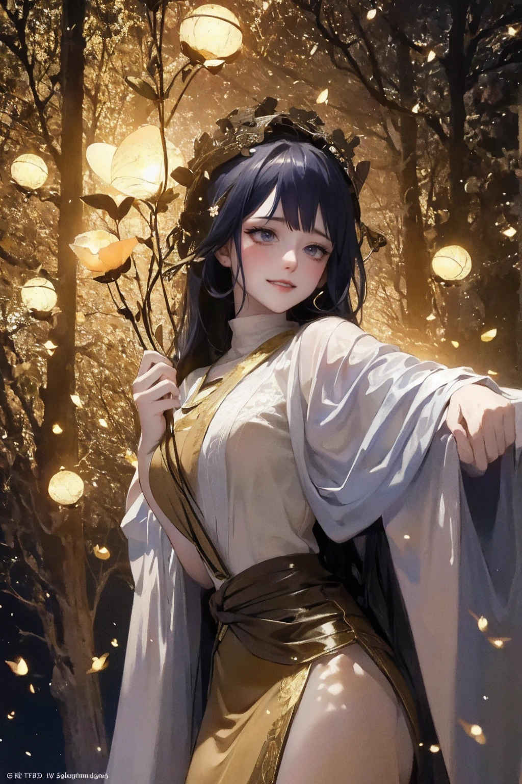 1 girl, ,,Simple smile, High-definition images, A woman, Her hair is decorated with glowing fireflies, There is a charming light in the eyes. Wearing a robe woven from moonlight, She stood in a mysterious forest，The trees come alive. on site, Bathed in the ethereal light of fireflies, Captured in an enchanted forest art style., (masterpiece, best quality, Official Art,Intricate details:1.2)