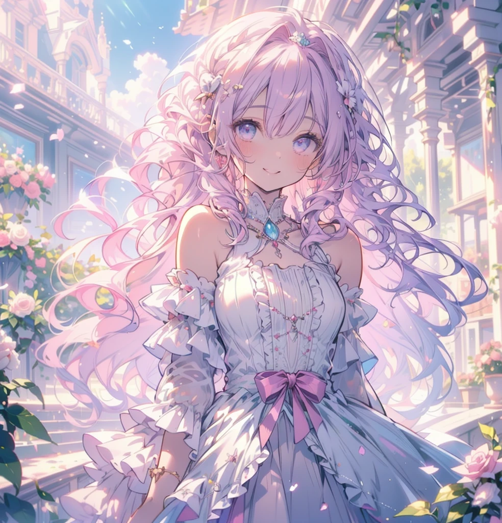 (masterpiece,Highest quality, Very detailed, beautiful, Exquisite, 16K, Full HD), (Asahi,sunlight,sunny,Petals fluttering,garden),((smile,Happy:1.5)),get up,((Frills, Rhinestones and flowers,Sparkling fluffy layered ball gown)), Lots of flowers,Floral decoration,((Surrounded by roses)),(Pink medium hair,Hair blowing in the wind, Wavy Hair,Fluffy hair),(White skin,Lavender eyes, Long eyelashes, Big eyes,Pale pink cheeks),Dazzling Light, Warm lighting, (pastel colour,Fantasy art:1.2)