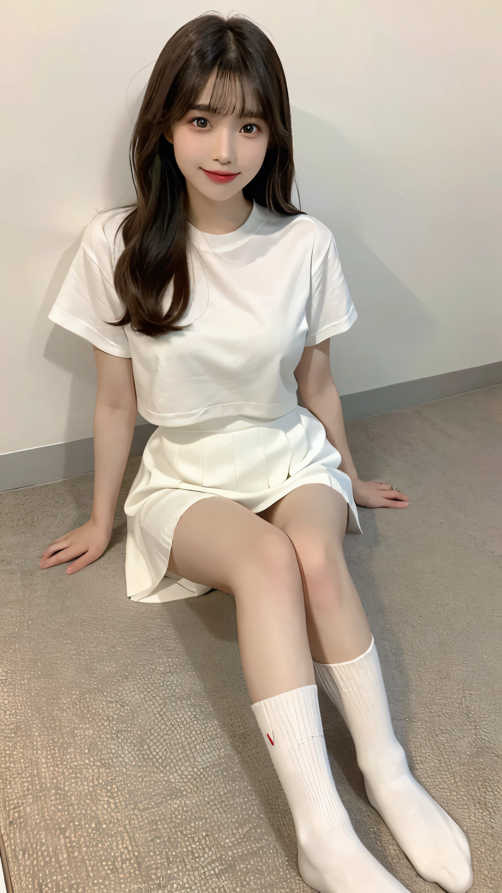 Chinese Girl、17 year old girl、Long hair、Bangs、Brown eyes、Perfect body、transparency、luster、Large Breasts、White shirt、Hip skirt、tight skirt,Cute face,Full figure,Seductive Stance,Carve idol poses、sock、Beautiful Feet,Long legs、whole body、panoramic、I can see your thighs、Smile