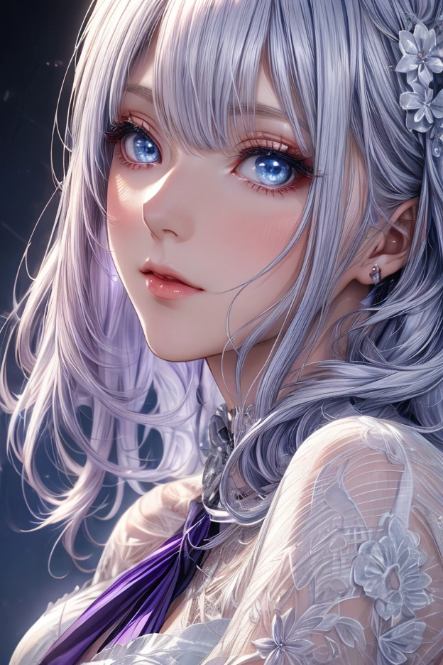 Elegant adult women, looking into distance, blue eyes, long white hair and purple strokes, side swept bangs, Sheer dress, see through dress, 4K resolution, High quality CG, fair
