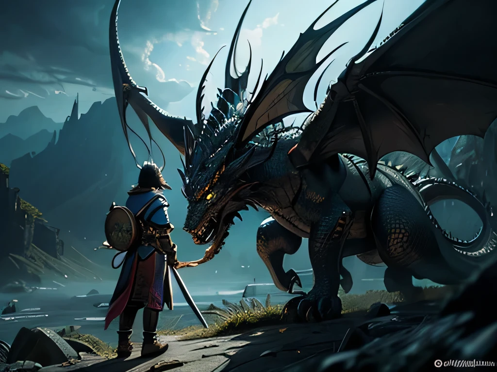 Dragon Quest style images、Brave4A man holds a sword in front of a dragon, Epic Battles、Epic fantasy digital art style, 4K Fantasy Art, Epic fantasy art, author:Yang Jie, epic fantasy illustration, Dark fantasy art, Detailed fantasy art, , epic fantasy game art, MoviesFantasyPictorial art, Epic fantasy artスタイル, Dark Fantasy Art