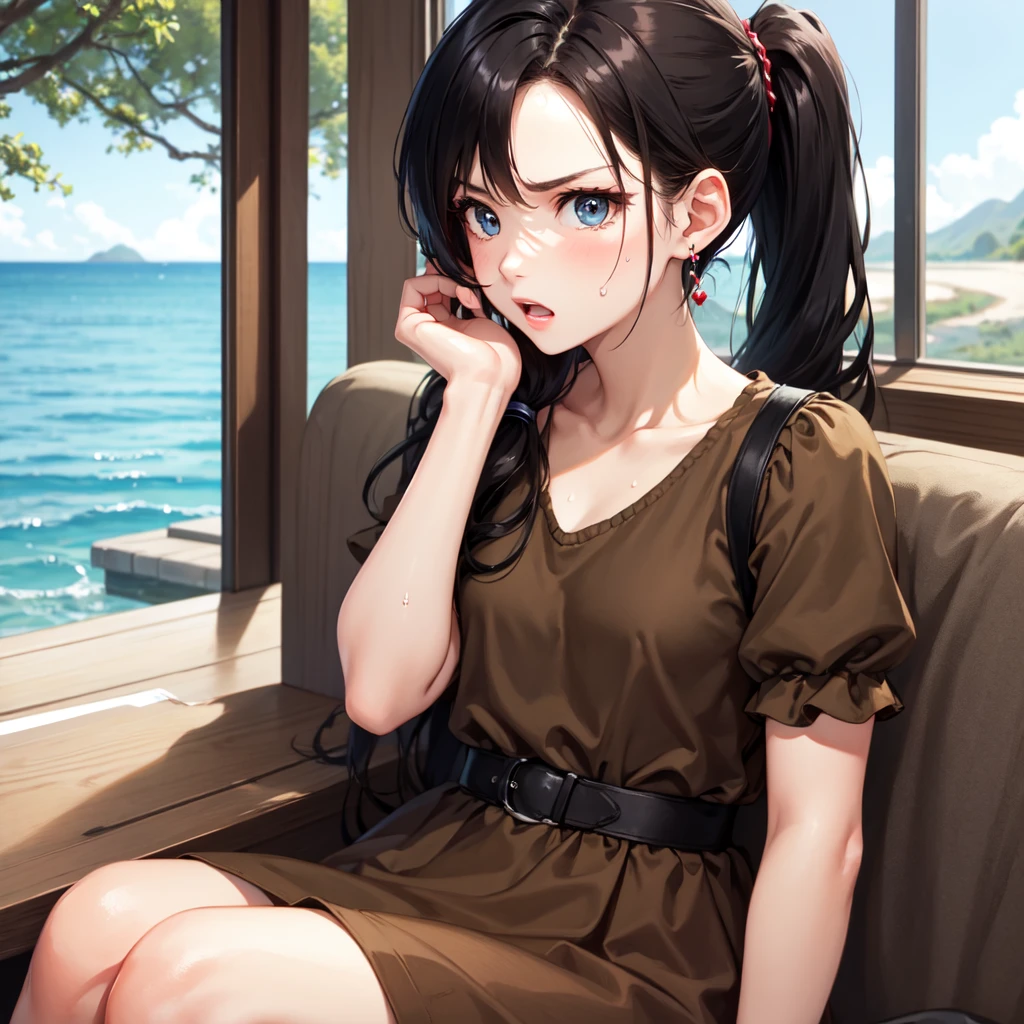 masterpiece、Highest quality、Earrings、Brown Dress、Black Hair、Small breasts、girl、One person、Upper Body、hot、Sweat a lot、Sitting、ponytail、looking at the camera、hands on own chest sea、bearch、Sitting、Angry