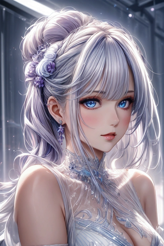 Elegant adult women, looking into distance, blue eyes, long white hair and purple strokes, side swept bangs, Sheer dress, see through dress, 4K resolution, High quality CG, fair