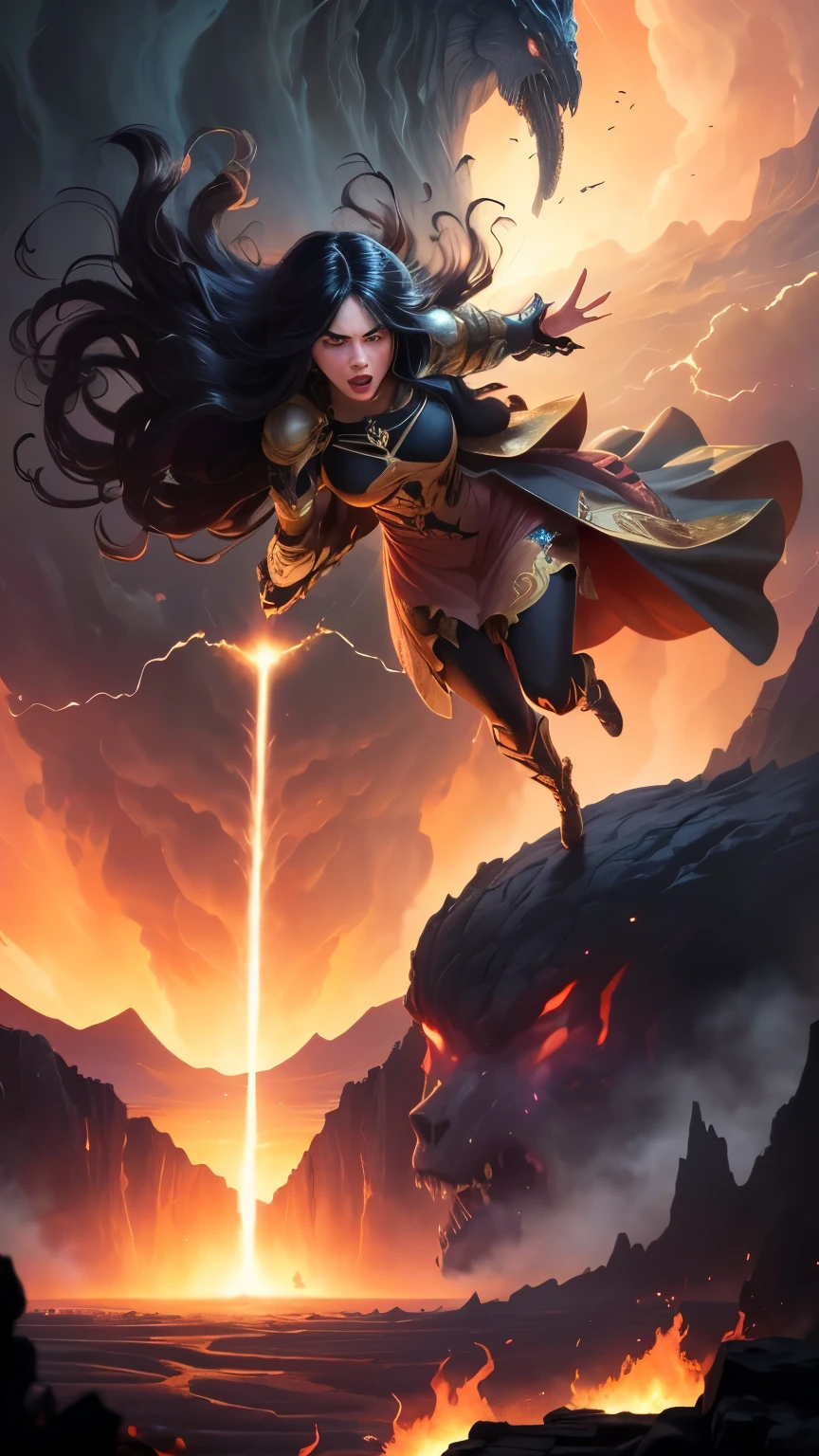 ((best quality)), ((masterpiece)), (detailed), A digital illustration of a furious woman in a light peach color princess dress with long black hair flying in the air surrounded by monsters, with a tornado and lava in the background