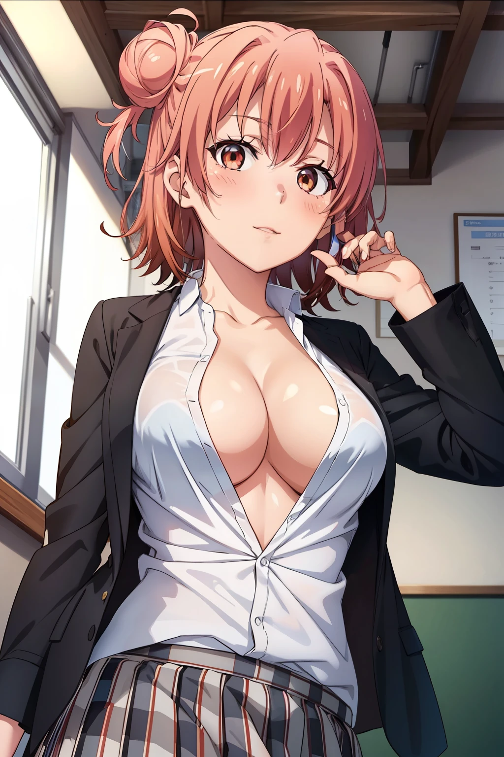 ((Highest quality, High resolution,  Pixel perfect,  4K)), (Beautiful Anime Girls), Written boundary depth, Watch the audience, Perfect body, yuigahama yui, Brown eyes, Detailed eyes, Single hair bun, (Big Breasts:1.2), Focus on the chest, Red ribbon, White shirt, Black jacket, Check skirt, School classroom, Provocative face, blush, (Open your shirt:1.5), (Cleavage), From below