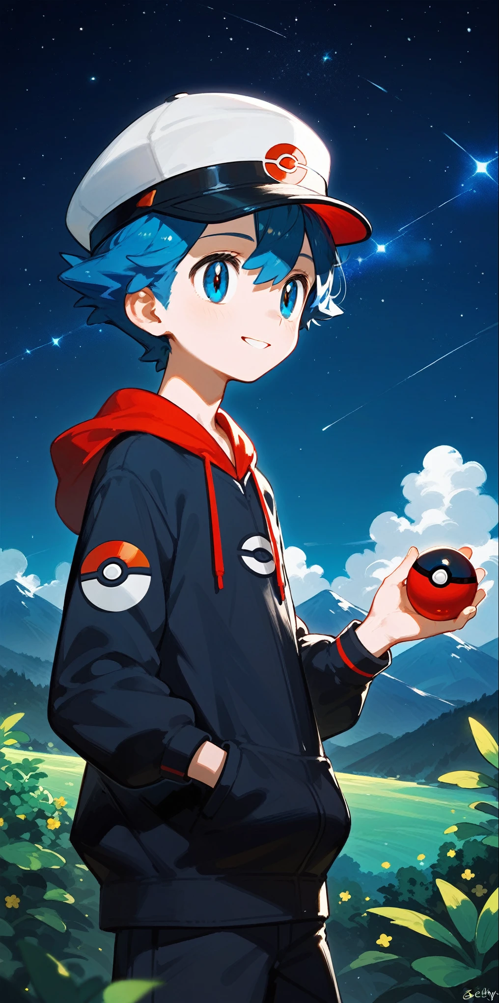 ung boy,Beautiful light and shadow,Black pot lid head,Blue Eyes,cute,Halation,Smile,Pokemon ball in hand,Sweatshirt,run,Mountains in the distance,Peaked cap,Starry Sky,night,Purple Cloud,(Pokemon creatures/gastly)