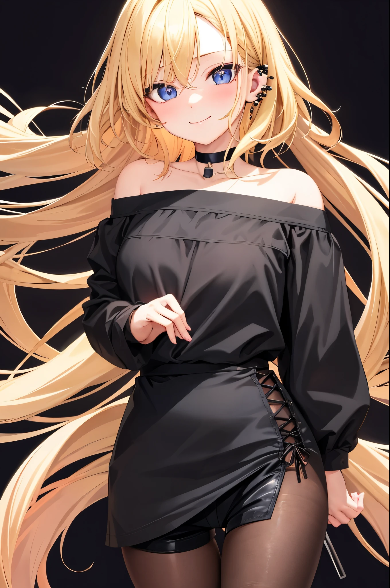 high resolution,smile,woman,woman1人,adult,cute,Medium Hair,Blonde Hair,Light blue eyes, Black off-the-shoulder blouse,Black shorts,Piercing,Black choker, Pink background,Simple background,Touching your face,