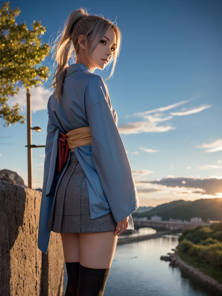 One girl, kimono, ponytail ,Gray Hair, blue eyes, , wallpaper, landscape, , Depth of written boundary, night, light, Side light, Thighs, destiny \(series\), Genshin Impact, Open jacket, skirt, Knee socks, cloud