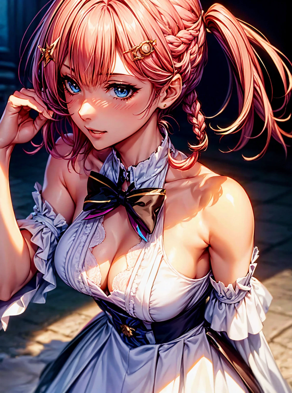 top-quality、tmasterpiece、Very high resolution、super high image quality、High-quality pixels)、perfect eyes, perfect face, perfect body figure,solo,8K,(Detailed description of hair), (Detailed description of face),(Detailed description of body), fair and clear skin, matchless beauty, long legged, pink hair details expressed, The details have been upgraded, braid, bangs, blue eyes, white maid costume, bare shoulders, bow, sleveless, maid hair band, hair ornament, asta(honkai star rail), large breasts, submissive, ssmile, sideview
