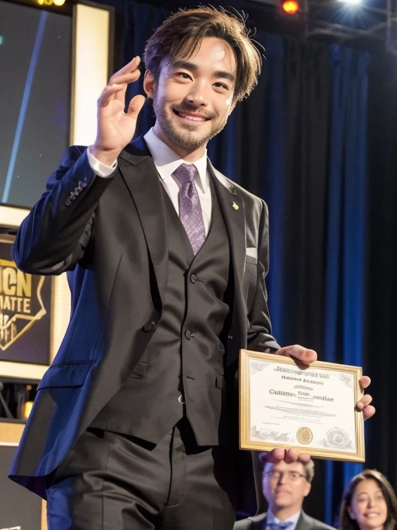 Award-Winning Moment, science, Awards ceremony, Certificate, stage, smile, Audience in the background, Moments of joy, flash, suit, move