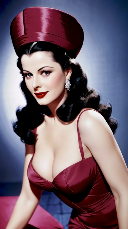 Hedy Lamarr dressed in sexy villain clothes with colorful lipstick and smiling