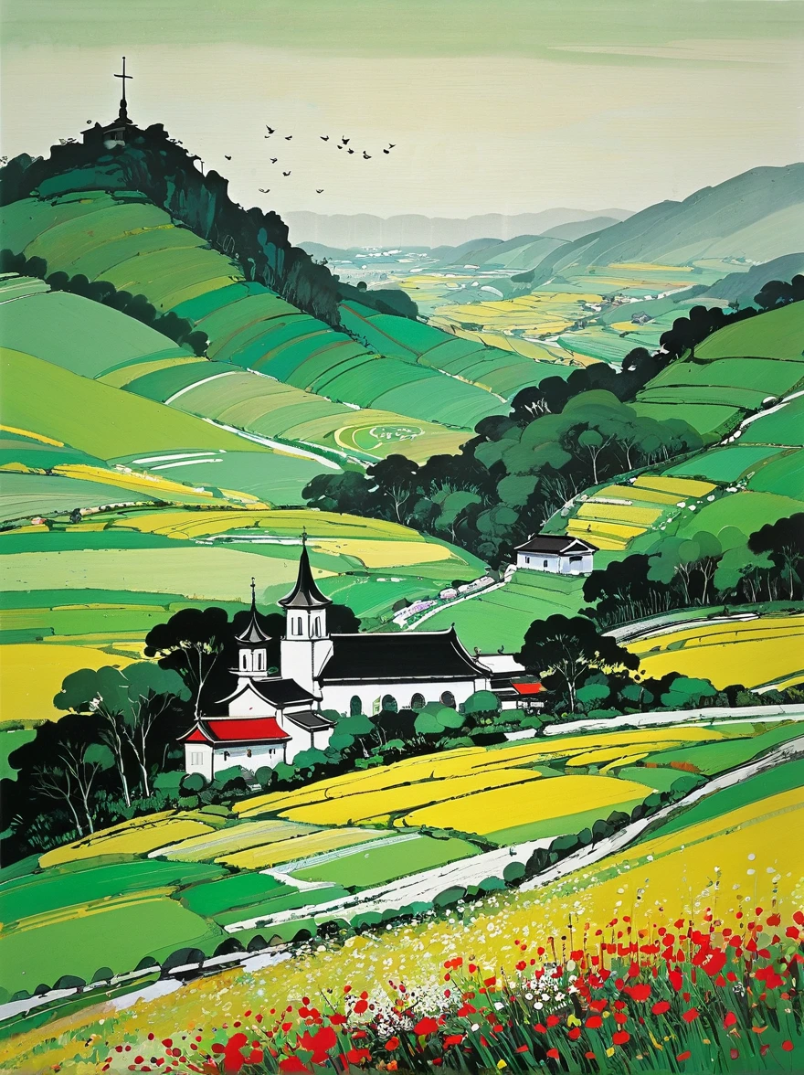 in style of Wu Guanzhong, stunning natural landscape, church