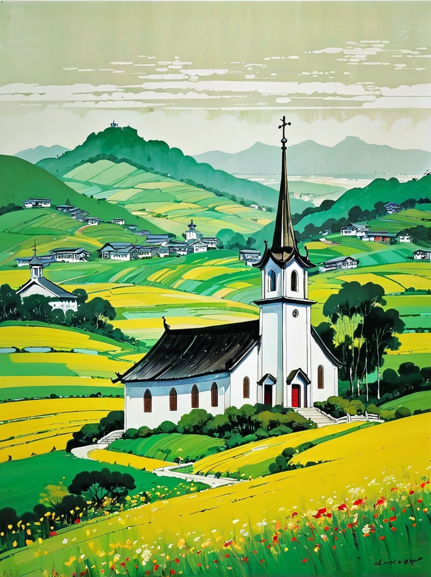 in style of Wu Guanzhong, stunning natural landscape, church