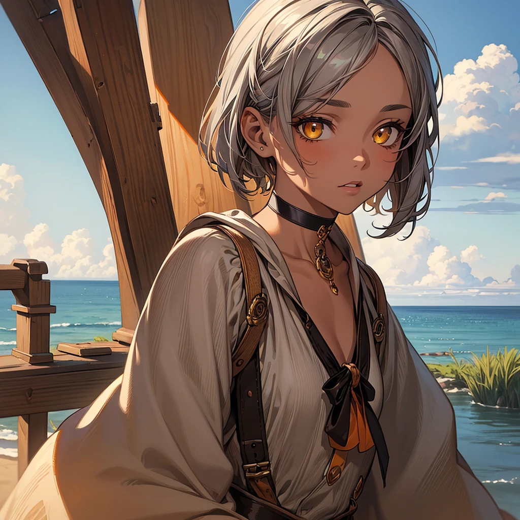 masterpiece, Highest quality, Perfect Face, Highest Resolution, Highest quality,Detailed depiction of the eyes, 1 girl, young, dark tan skin, slate gray hair, short hair, upturned eyes, Yellow Orange eyes, Perfect Anatomy, ribbon choker, Seaside house, 8k,steampunk