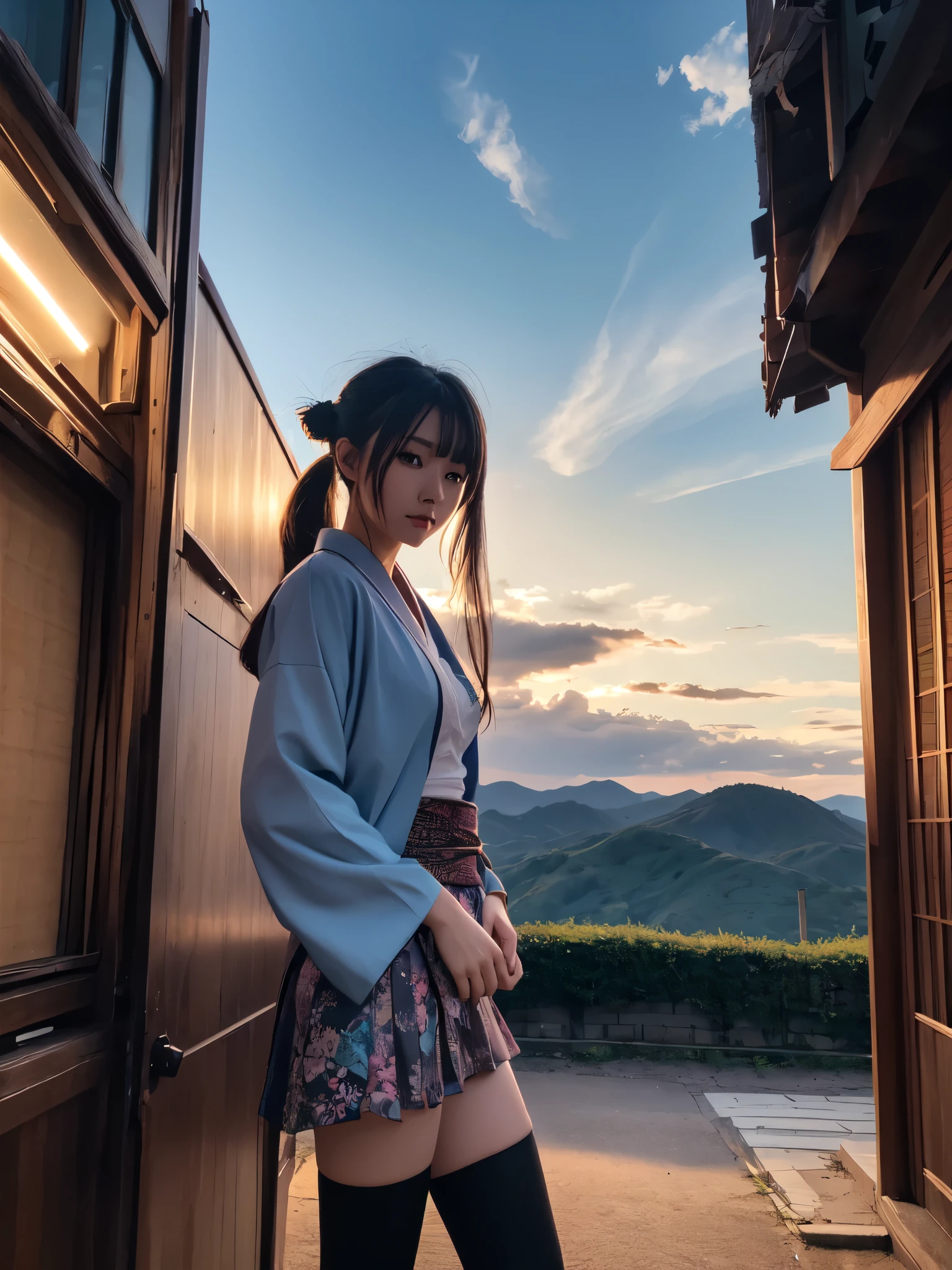 One girl, kimono, ponytail ,Gray Hair, blue eyes, , wallpaper, landscape, , Depth of written boundary, night,  light, Side light, Thighs, destiny \(series\), Genshin Impact,  Open jacket, skirt, Knee socks, cloud