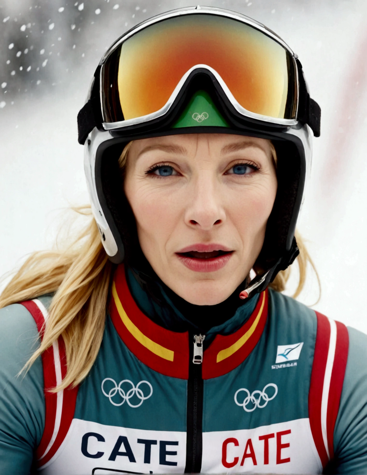 Olympic Bobsled team (Cate Blanchett, age 25, winterwear) is racing down the slalom, high intensity, high speed, award winning moment