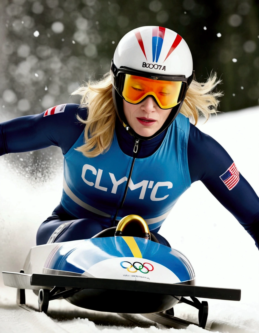 Olympic Bobsled team (Cate Blanchett, age 25, winterwear) is racing down the slalom, high intensity, high speed, award winning moment