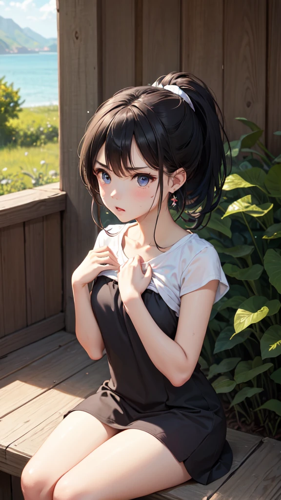 masterpiece、Highest quality、Earrings、Brown Dress、Black Hair、Small breasts、girl、One person、Upper Body、hot、Sweat a lot、Sitting、ponytail、looking at the camera、hands on own chest sea、bearch、Sitting、Angry