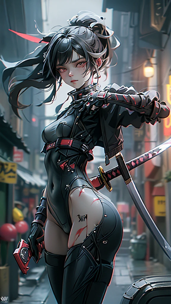 Create an ultra-realistic 5D masterpiece image,HdR,trend in artstation,sharp focus,high contrast,8k,hyperdetailed,intricate details,cinematic lighting, Perfect eyes, crystal clear eyes, NSFW,
The image features a stylized ninja., characterized by vibrant, abstract blood splatters. the main figure, the Ninja, is represented in a dynamic pose, holding a sword, suggesting action or combat. The background features bold and expressive brush strokes that create an energetic atmosphere. The colors used are bright and varied., with multiple tones and shades that create a lively visual experience. In general, The style can be described as modern and artistic., with a strong emphasis on movement and energy applies HDMI technologies, 1200 ppp , Full definition and cool virtual reality in cool and creative combative dynamic poses