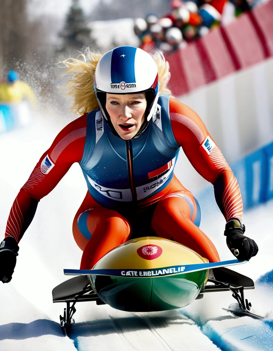 Olympic Bobsled team (Cate Blanchett, age 25, winterwear) is racing down the slalom, high intensity, high speed, award winning moment
